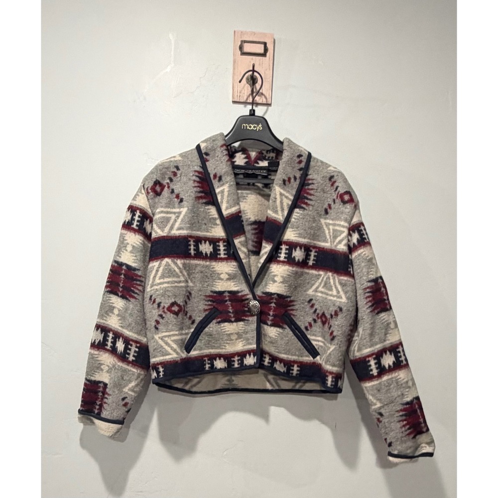 New Identity Wool Blend Southwestern Cropped Jacket Grey Burgundy Navy Large